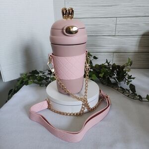 Pink Stainless Steel Hot / Cold Bottle Sleeve with Adjustable Gold Chain Strap